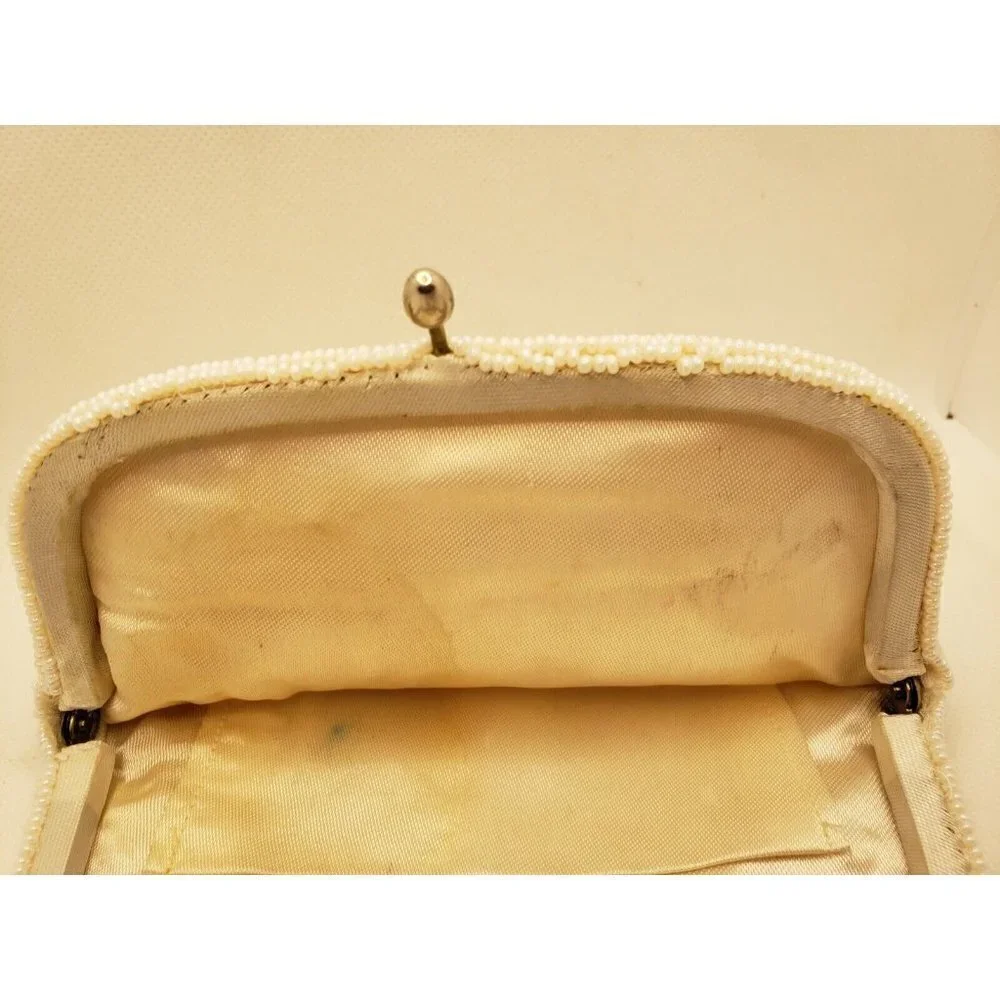 Richere White Beaded Evening Bag Seed Pearls Beads Gold Chain Clutch Purse Japan - Picture 7 of 10